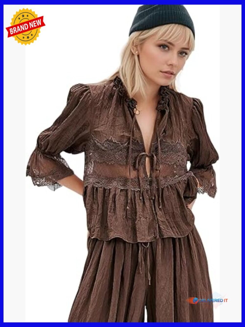 Y2K Boho Peasant Crop Top Tie Front Sheer Lace Blouse